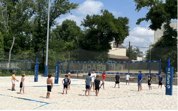 Beach volleyball game in progress